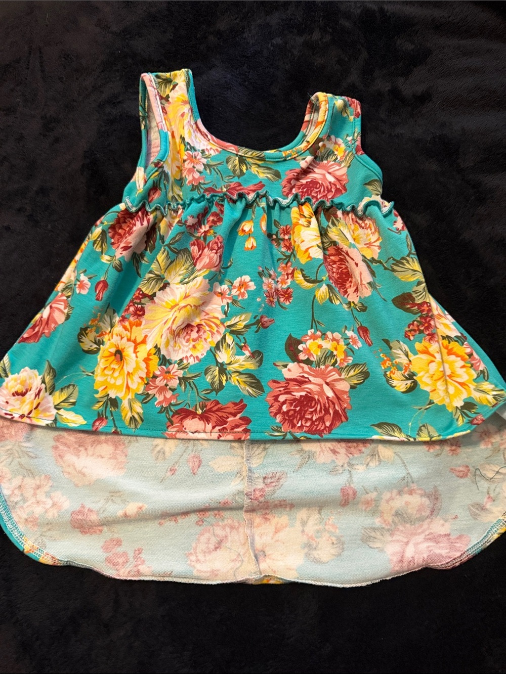 Turquoise Floral Tank Top for Kids with Rose & Yellow Blooms